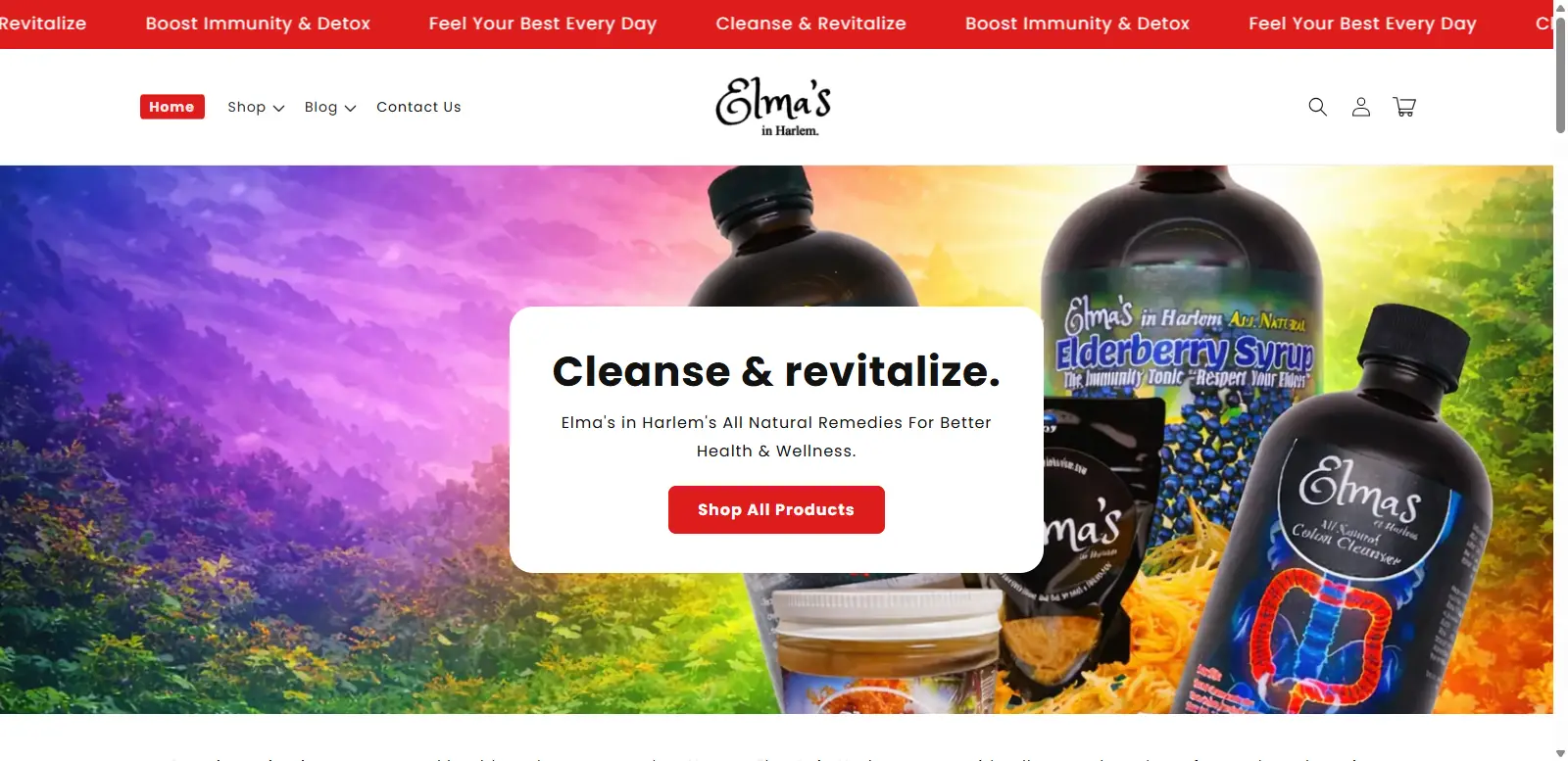 Elmasinharlem Shopify store homepage for natural health and wellness products