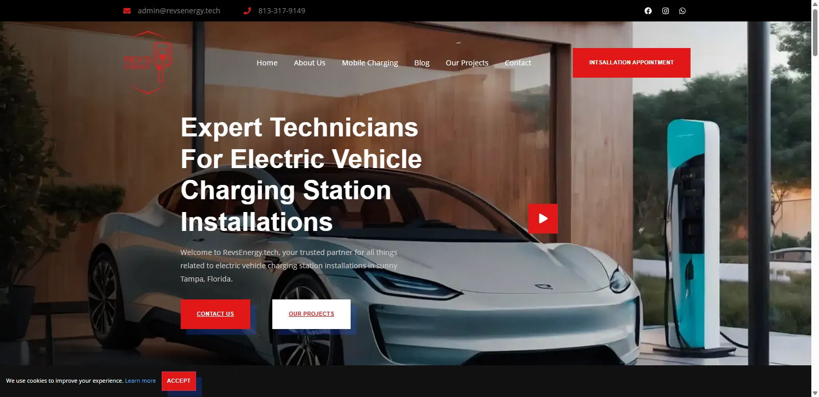 Revs Energy website page for electric vehicle charging station installations